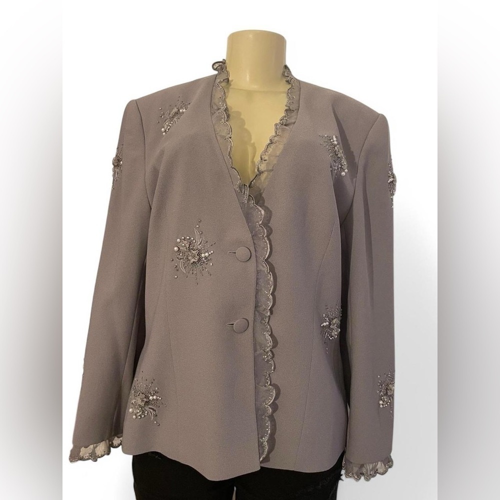 JOHN MEYER Gray Blazer with Ruffled Trim and Floral Embellishments
